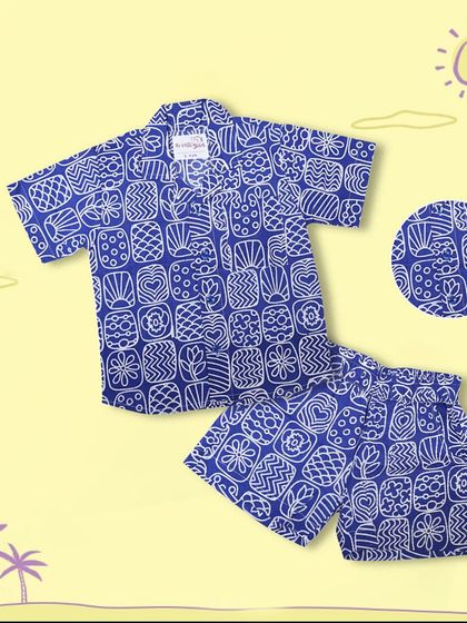 A detailed look at the blue doodle print co-ord set for boys. The close-up shows the intricate, fun design.