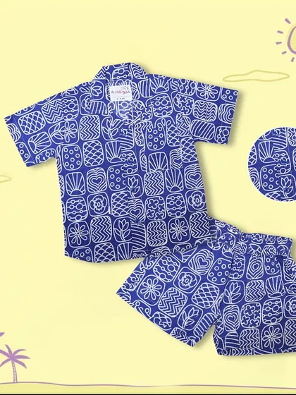 A detailed look at the blue doodle print co-ord set for boys. The close-up shows the intricate, fun design.