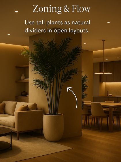 Indoor plants are powerful design elements. This graphic explains how to use them for zoning and flow, using tall plants as natural dividers in open layouts to add elegance without breaking openness.