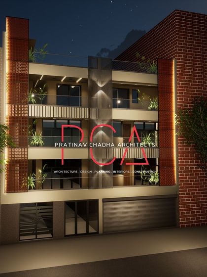 A 3D visualization developed for the Outram Lines residence. This render illustrates the intended amalgamation of ivory cladding, terracotta jaalis, and strategic lighting to infuse the home with vibrancy.