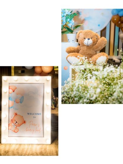 This collage pairs the marquee sign with a close-up of a teddy bear prop nestled in a cloud of baby's breath, showcasing our use of soft textures.