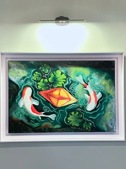 This painting is a memory from childhood, of floating paper boats in collected rainwater. The koi fish symbolize perseverance, swimming around this simple joy. I love creating surreal art that blends nostalgia with deeper meaning, and this piece is available as a custom commission.
