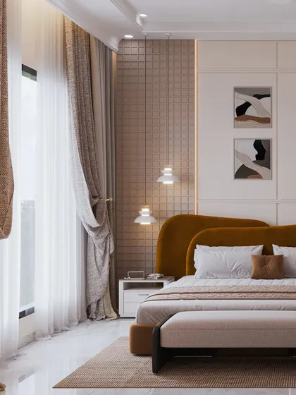 A full view of the bed, highlighting the layered textiles and the soft, pendant lighting.