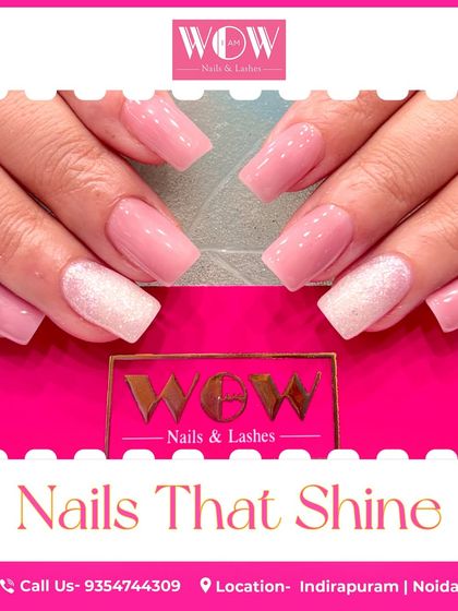 A soft and feminine look featuring a baby pink polish with a sparkling sugar glitter accent nail. This design is sweet, simple, and full of shine.