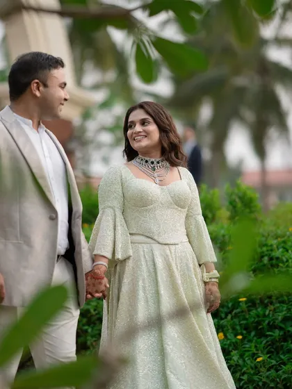 A close-up of the couple, their love and happiness shining through, during their sangeet in Goa.