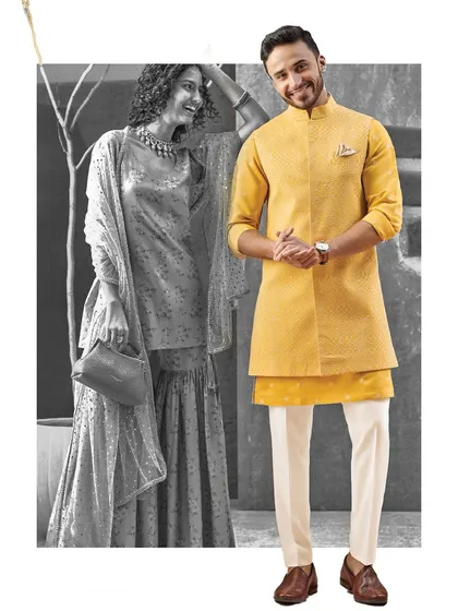 For the man who embraces bold style, we crafted this mustard yellow asymmetric kurta set. It is a confident statement of modern design and traditional charm, perfect for making a memorable entrance.
