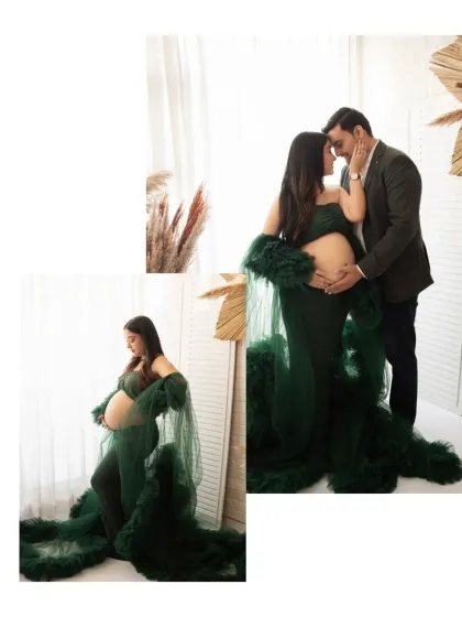 A collage showcasing a variety of poses in a stunning green gown. From solo portraits to intimate couple shots, this shows the range we can capture in one session.