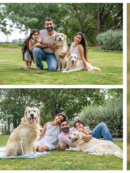 Two beautiful family portraits in the park. These collages show the whole family posing with their two dogs, Ice and Gundu, capturing both formal and candid moments of laughter and love during their outdoor session.
