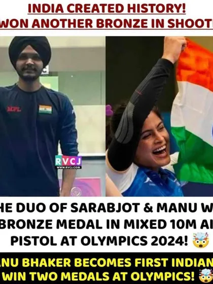 A news graphic announcing the historic Olympic bronze medal for Sarabjot and Manu. This victory cemented Manu Bhaker's place in Indian sporting history.