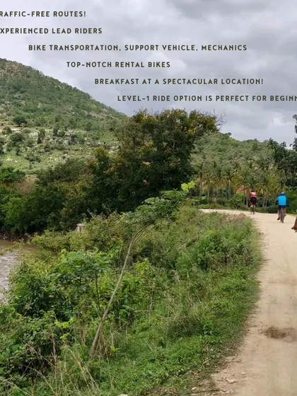 This image lists all the great things about our day rides: scenic routes, expert guides, full support, great food, and options for beginners.