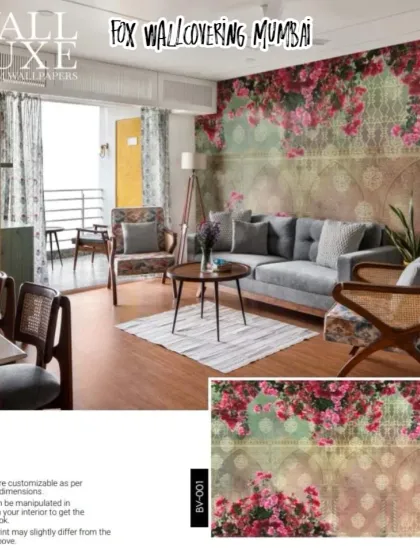 This 'Wall Luxe' wallpaper combines a geometric background pattern with a border of vibrant pink flowers, mixing modern and natural elements.