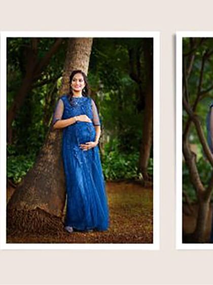 A series of portraits from an outdoor shoot in a wooded area. The mother-to-be, in an elegant blue gown, looks serene and beautiful against the natural backdrop of the trees.