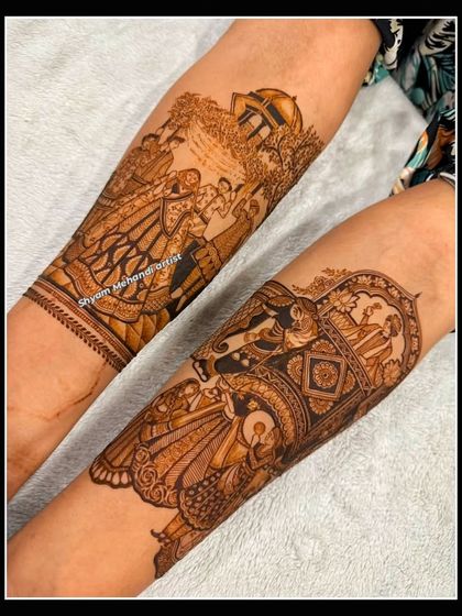 A view of both forearms, one with a wedding scene and the other with a doli, creating a beautiful narrative.