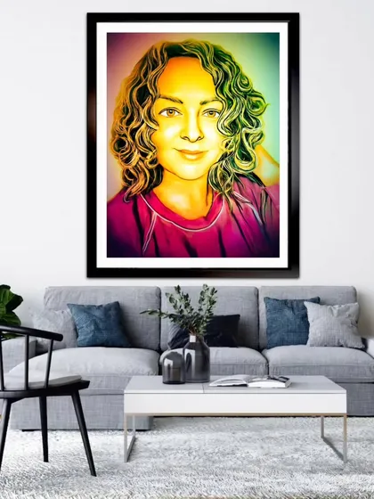 A mockup showing the second digital portrait of Debi displayed as a large, framed piece in a living room.