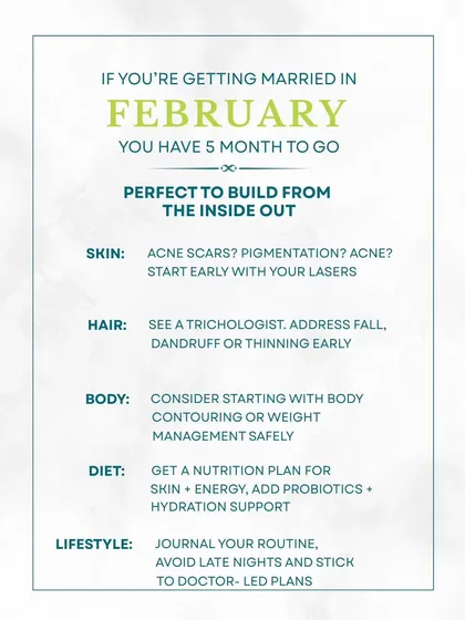 If you have 5 months until the wedding, it's the perfect time to build your skin's health from the inside out. Start early with lasers for acne scars or pigmentation.