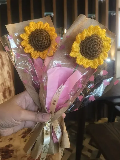 Two of our mini sunflower bouquets, perfect for best friends. They are a sweet, handcrafted way to celebrate your bond with a flower that symbolizes loyalty and adoration.
