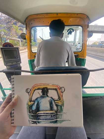 When you're stuck in traffic, you sketch. This was the bumpiest sketch I've ever done, capturing the view from inside an auto-rickshaw in Bangalore.