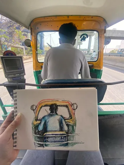 When you're stuck in Bangalore traffic, you sketch. This was one of the bumpiest sketches I've ever done, capturing the auto-rickshaw in front of me.