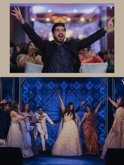 A collage of high-energy moments from the sangeet. The groom's excited cheer and the group dance performance show the incredible fun and celebration of the night.
