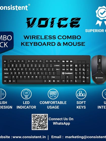 My "Voice" wireless combo pack offers a stylish slim design with comfortable, soft keys for everyday use. This keyboard and mouse set is designed for a clutter-free workspace, connecting easily via a single USB interface.