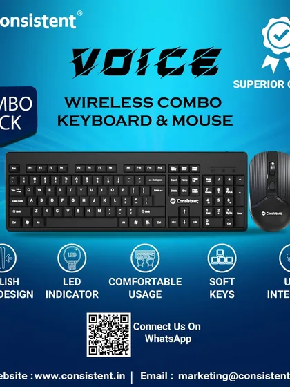 My "Voice" wireless combo pack offers a stylish slim design with comfortable, soft keys for everyday use. This keyboard and mouse set is designed for a clutter-free workspace, connecting easily via a single USB interface.