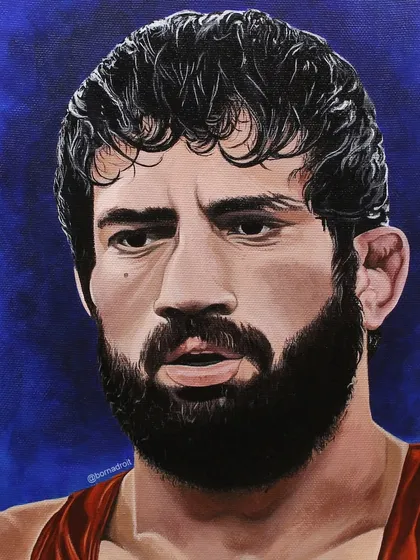 A tribute to Indian wrestler Ravi Dahiya, painted with acrylics on a 12"x16" stretched canvas. This portrait highlights my ability to capture intense focus and physical features, making it a great piece for sports enthusiasts.