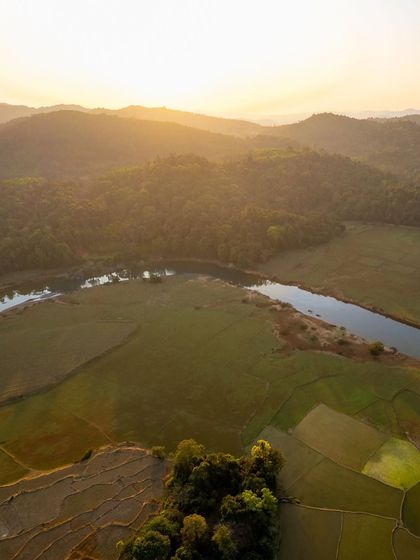 A vertical aerial shot over the Western Ghats, highlighting the patterns of the landscape and the challenges of composing for different aspect ratios.