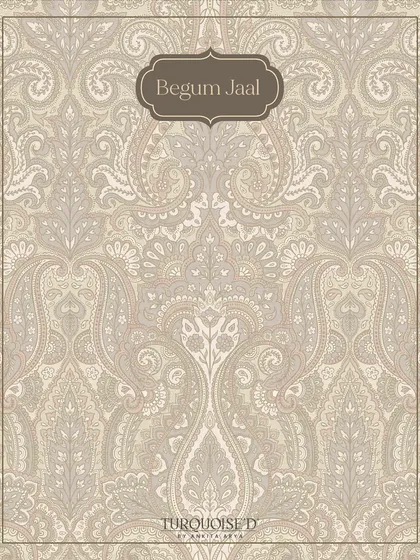 A swatch of the Begum Jaal wallpaper in a light, airy beige. This version of the dense paisley pattern is perfect for creating a sense of heritage and luxury while maintaining a bright and open feel in a room.