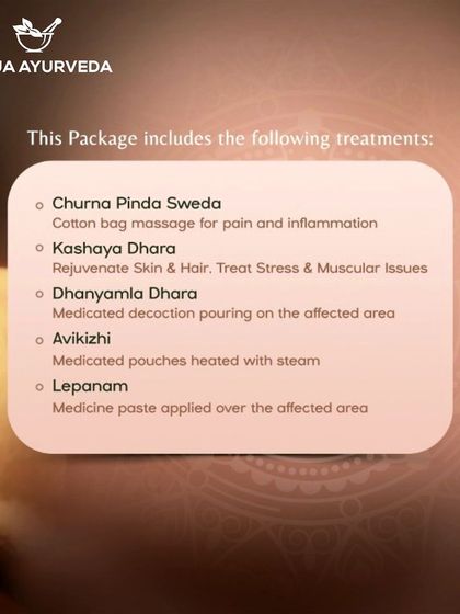 Our Rheumatoid Arthritis package includes a combination of powerful treatments. We use Churna Pinda Sweda, Kashaya Dhara, and Lepanam to manage pain and inflammation effectively.