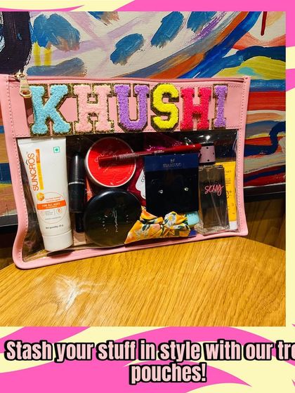 Stash your makeup and other essentials in our trendy clear pouches. This one is packed and ready to go.