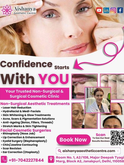 This graphic provides a comprehensive overview of the non-surgical and surgical cosmetic treatments I offer, from laser hair reduction and HydraFacials to rhinoplasty and scar revision. Confidence starts with you, and I'm here to help.