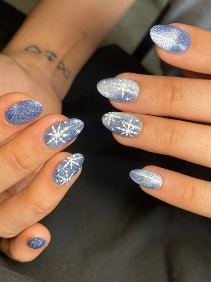 Even though it's not winter, I had to share these cute snowflake nails. The glittery blue base looks just like a snowy night sky.