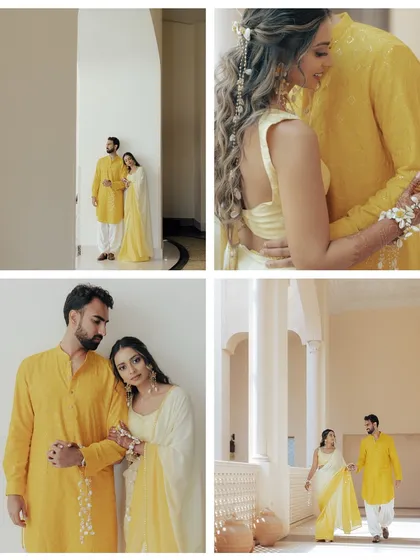 A collage of tender moments from a haldi ceremony, from the couple's quiet portraits to the loving embraces, all in a beautiful palette of yellow.