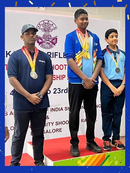 Young champions from Eklavya on the podium at the 12th Karnataka State Shooting Championship.