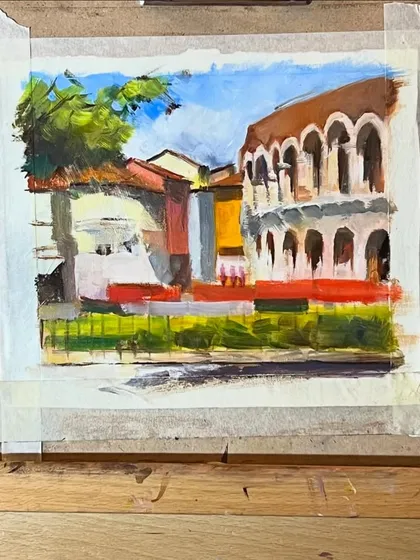 Another shot of the Verona painting in progress. Working on linen provides a beautiful texture for the oil paints.