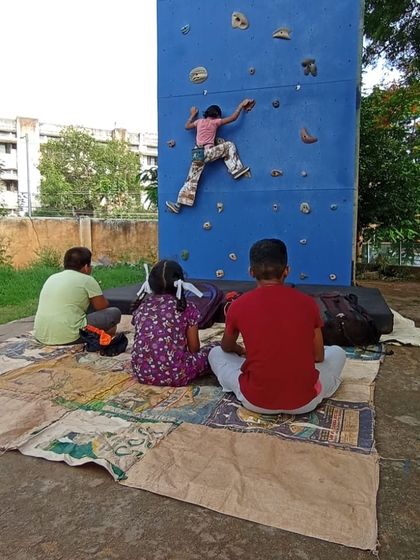 Young climbers in Davangere practice on our portable climbing wall, a great way to introduce the sport to new communities.