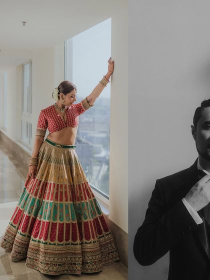 A stylish split-frame shot of the bride in her colorful lehenga and the groom in his sharp tuxedo. This modern composition was captured at their beautiful Mumbai wedding.
