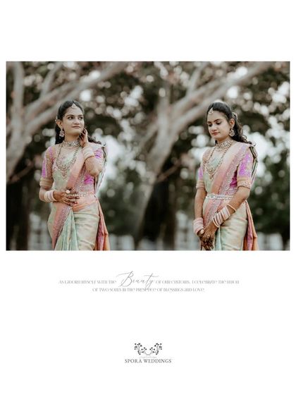 A diptych of the bride, showcasing her elegant poses and the beautiful details of her traditional attire.