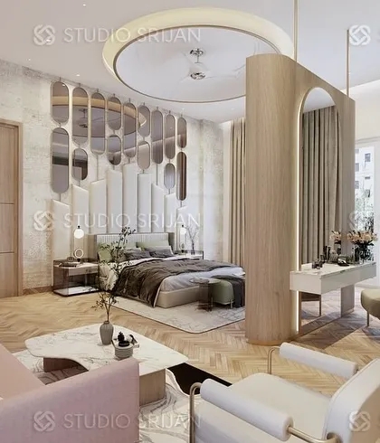 This angle shows how I created a semi-private vanity nook using a curved partition, separating it from the main sleeping area while maintaining an open feel.