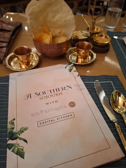 The menu for "A Southern Sojourn," a special pop-up by Southern Spice at Taj Palace, New Delhi. The experience brought the celebrated flavors of South India to the capital.