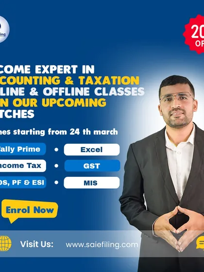 Join our upcoming batches to become an expert in accounting and taxation. With both online and offline classes starting soon, you can master Tally Prime, Excel, Income Tax, GST, and more with a 20% discount.