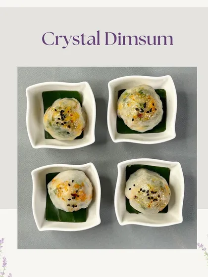 A top-down view of our Crystal Dim Sum, filled with fresh vegetables and seasoned to perfection. These translucent dumplings are a classic favorite for any occasion.