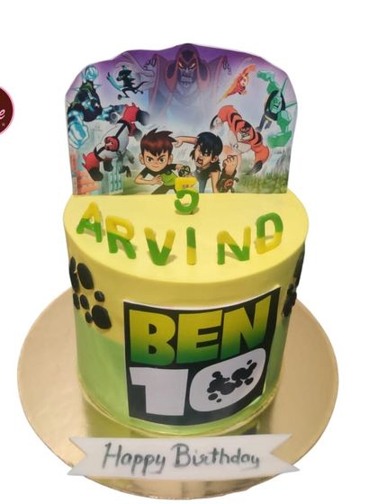 It's hero time with this Ben 10 themed cake. The design features the Ben 10 logo and a topper with characters from the show, perfect for an action-packed birthday.