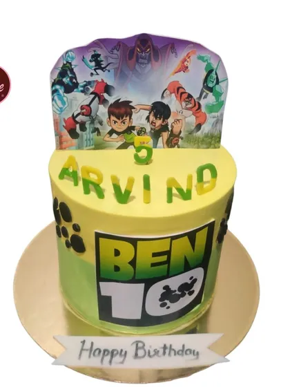 A fun Ben 10 cake for a 5th birthday. The cake features the Ben 10 logo and a topper with all the alien heroes.