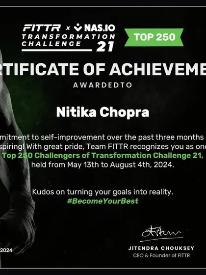 The official certificate of achievement for a client who placed in the top 250 of a major transformation challenge, a goal she never expected to reach.