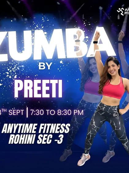 Join me for a high-energy Zumba session at Anytime Fitness in Rohini. This poster gives you a glimpse of the fun we have. My classes are designed to make you sweat, smile, and burn calories to the beat of Latin and international music.