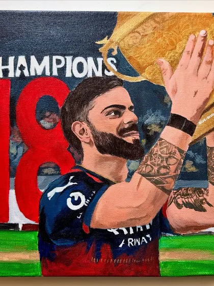 As a proud RCB fan, this painting was pure emotion. Capturing Virat Kohli's passion and loyalty on canvas was my tribute to a player who is the heartbeat of the team. It’s more than just cricket; it’s an era.