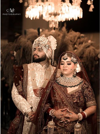 A moody and cinematic portrait of the couple on their wedding day, with a classic color grade that adds a timeless feel.