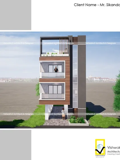A render of the 'Eifel Tower Second' project, showing the building in its context with surrounding greenery. We always consider the environment in our designs.