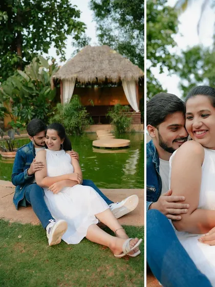 A happy, relaxed moment of the couple sitting by the pond. This diptych captures both the full scene and a closer, more intimate crop of their joyful interaction.